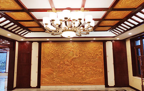 兴业中式别墅客厅中式木作横梁吊顶装饰展示